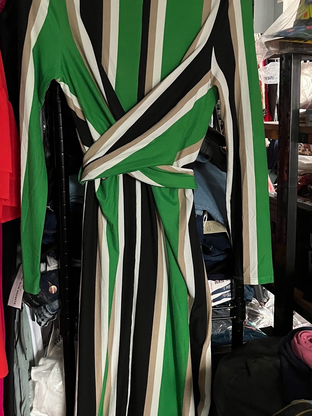 Haute Monde Green, Black & White Striped Wrap Midi Dress